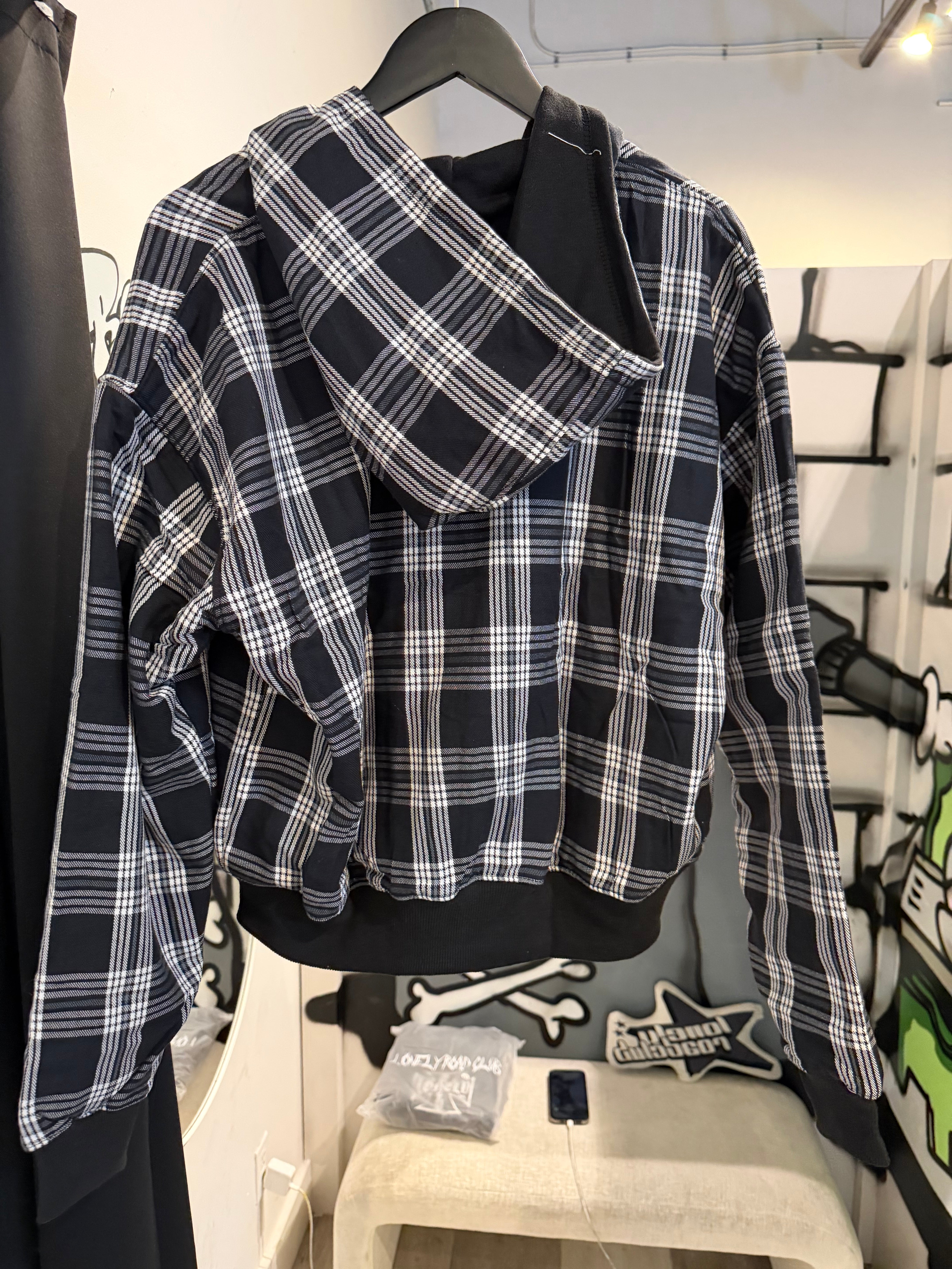 PLAID ZIP-UP HOODIE BLACK