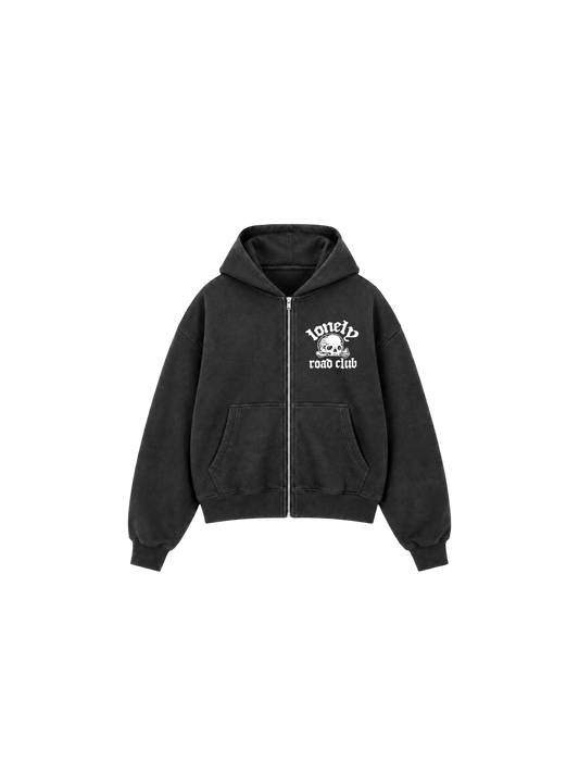 SKULL ZIP UP HOODIE WASHED BLACK