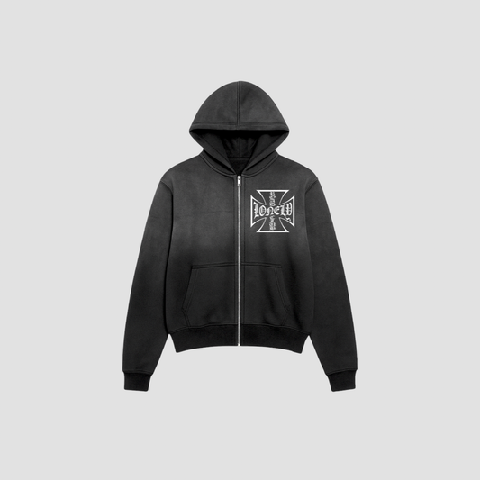 EMBROIDERD CROSS ZIP-UP HOODIE WASHED BLACK