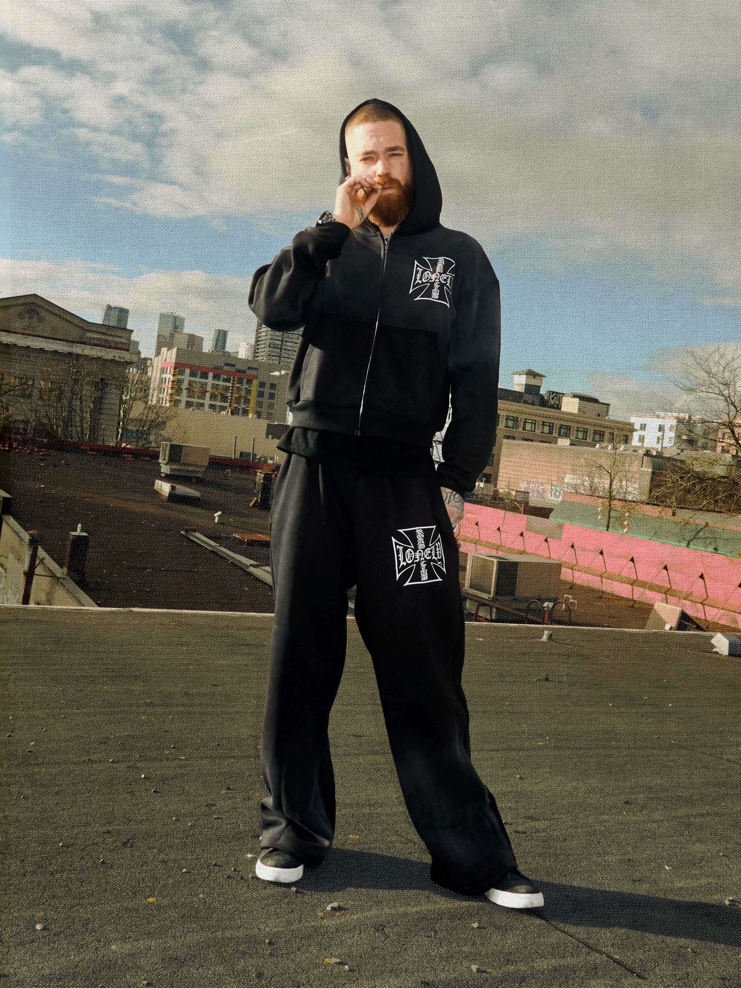 EMBROIDERD CROSS ZIP-UP HOODIE WASHED BLACK