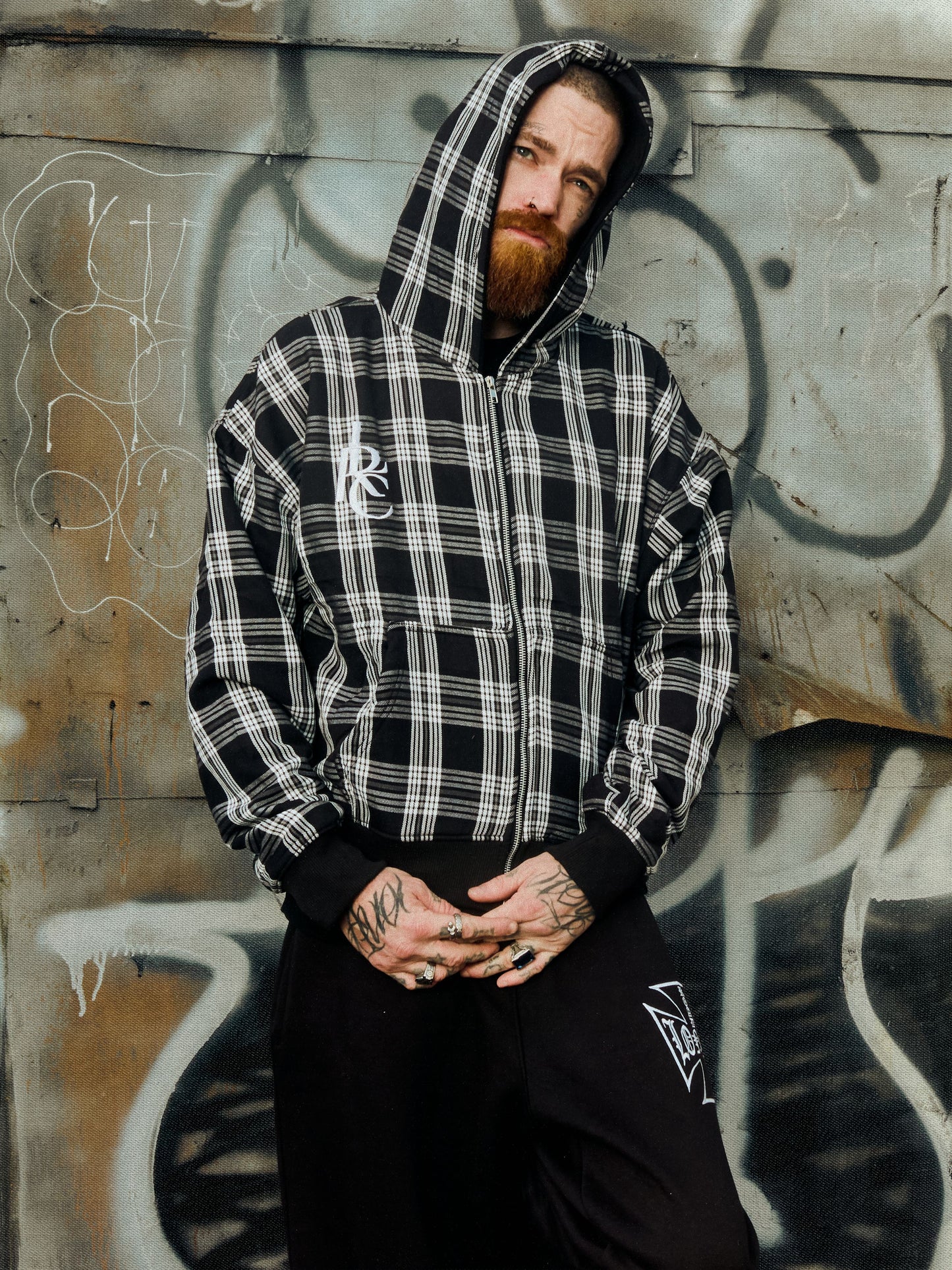 PLAID ZIP-UP HOODIE BLACK