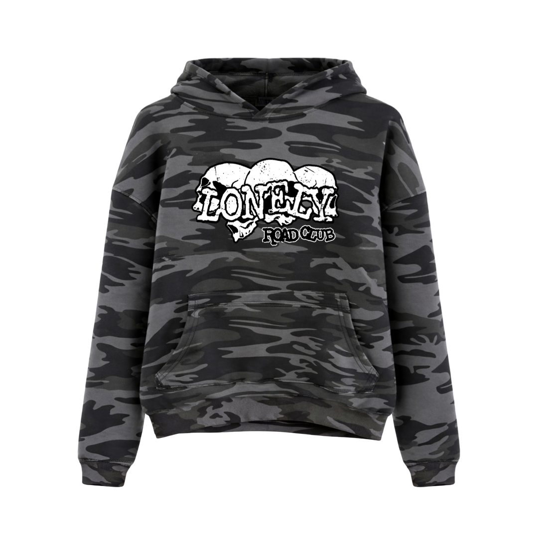 BLACK CAMO SKULL EMBROIDERED PULL-OVER HOODIE