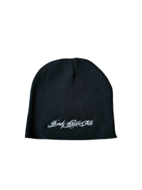 BLACK KNIT EMBROIDERED SCRIPT BEANIE