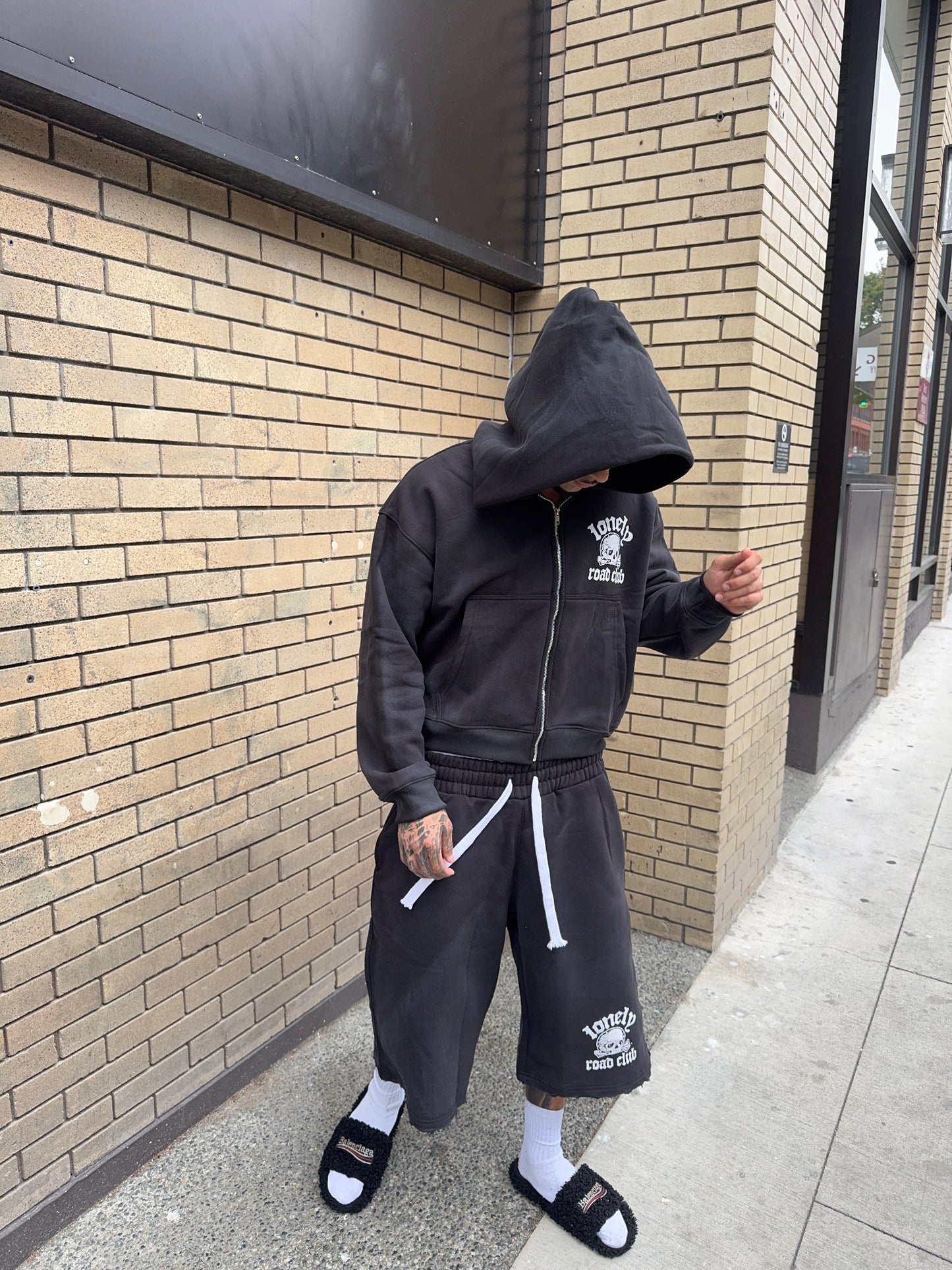 SKULL ZIP UP HOODIE WASHED BLACK