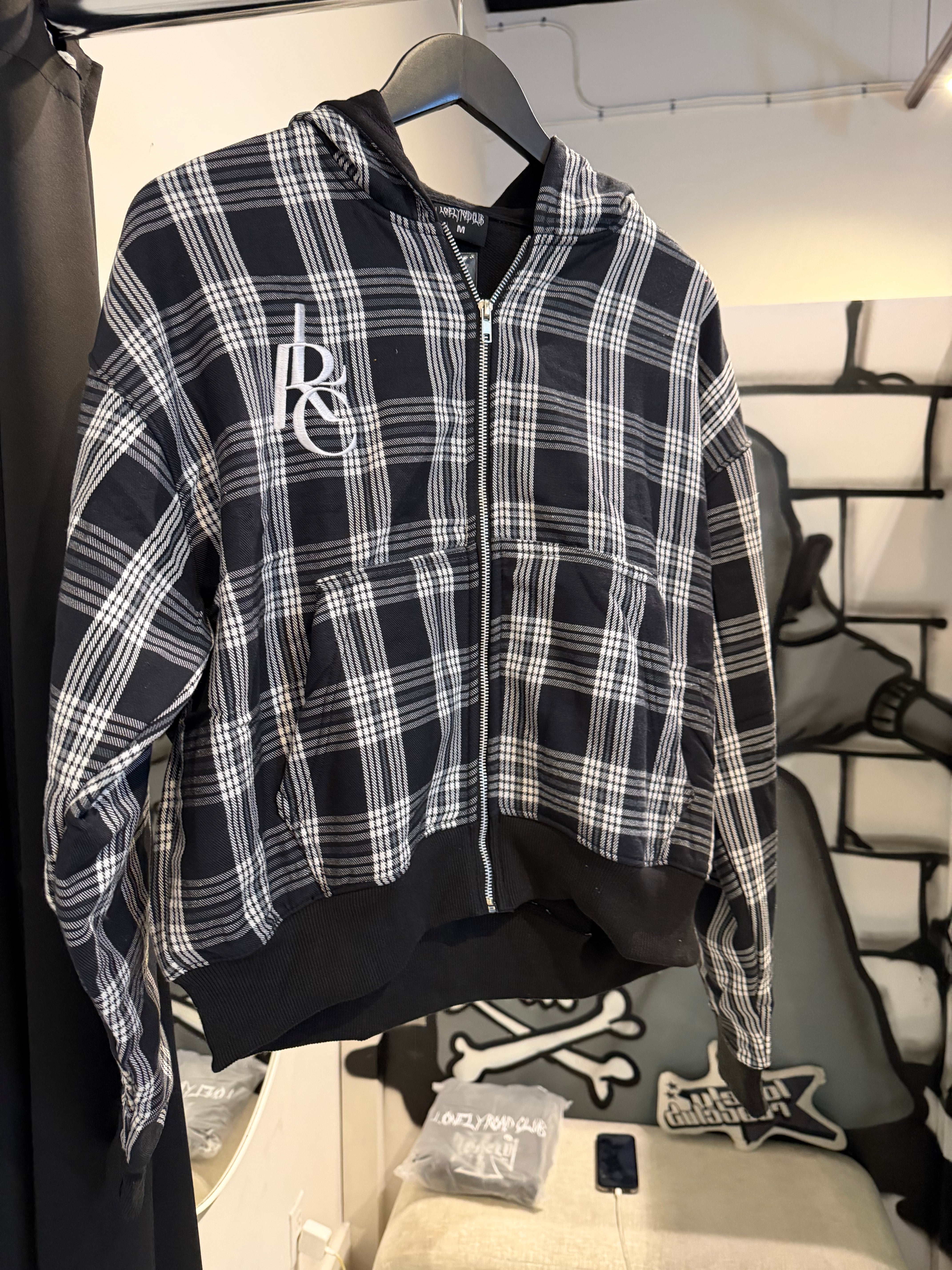 PLAID ZIP-UP HOODIE BLACK