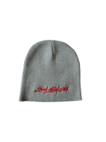 GREY KNIT EMBROIDERED SCRIPT BEANIE