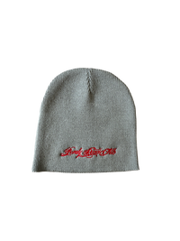GREY KNIT EMBROIDERED SCRIPT BEANIE