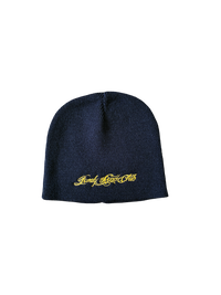 NAVY KNIT EMBROIDERED SCRIPT BEANIE